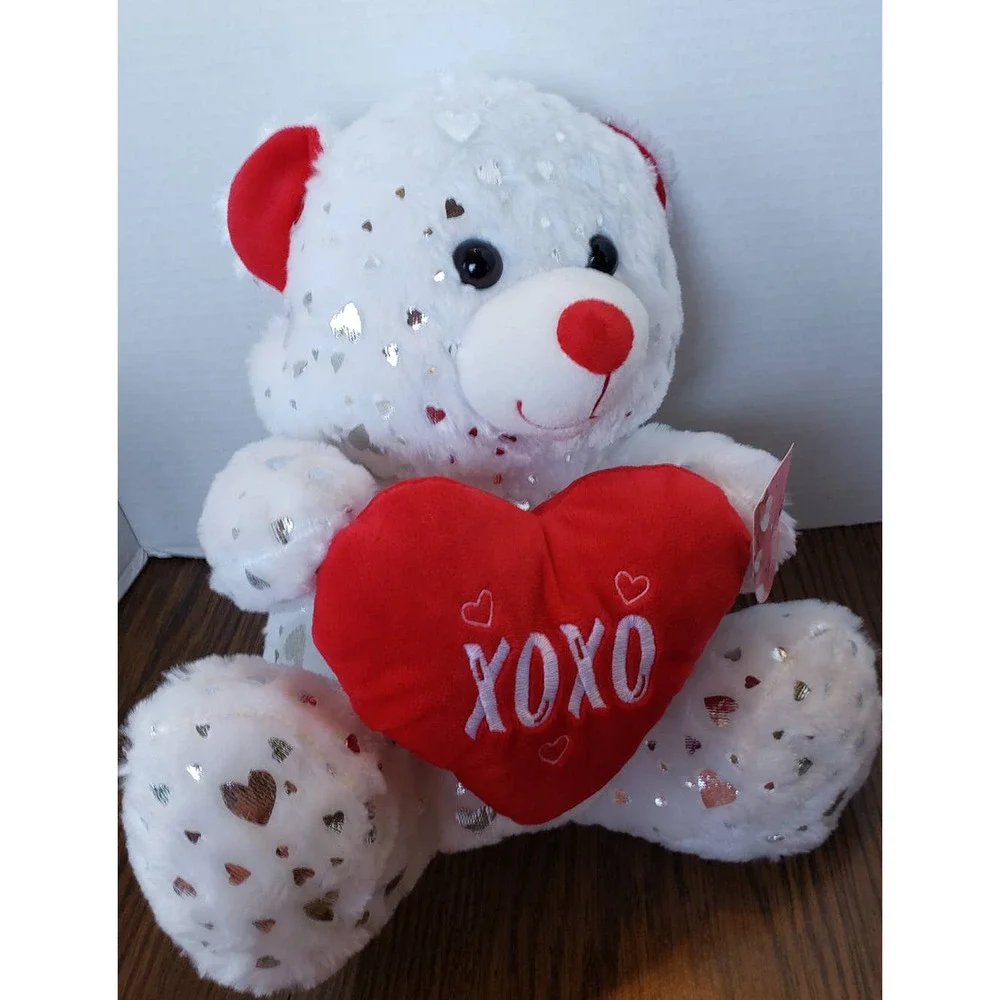White With Silver Hearts 11 Inch Love Heart Plush Teddy Bear New With Tags